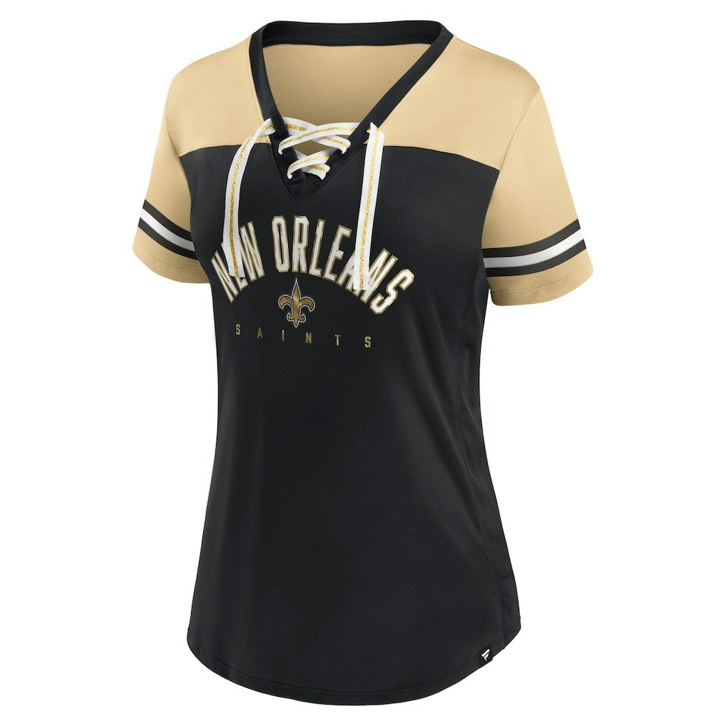 New Orleans Saints Fanatics Women's Blitz & Glam Lace-Up V-Neck Jersey T-Shirt