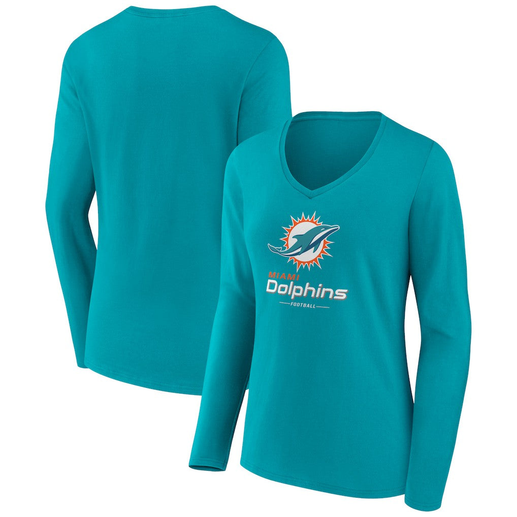 Miami Dolphins  Women's Logo Team Lockup Long Sleeve V-Neck T-Shirt