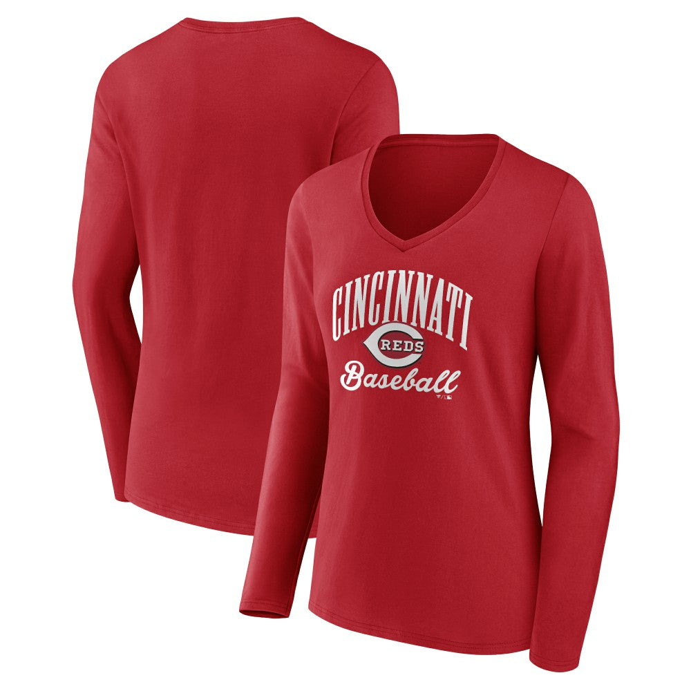 Cincinnati Reds Women's Victory Script Long Sleeve V-Neck T-Shirt | MLB Outlet