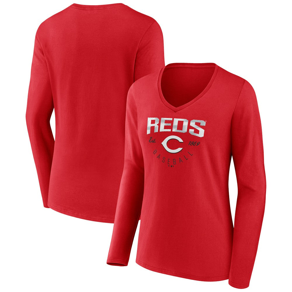 Cincinnati Reds Women's Live For It Long Sleeve Long Sleeve V-Neck T-Shirt | MLB Shop