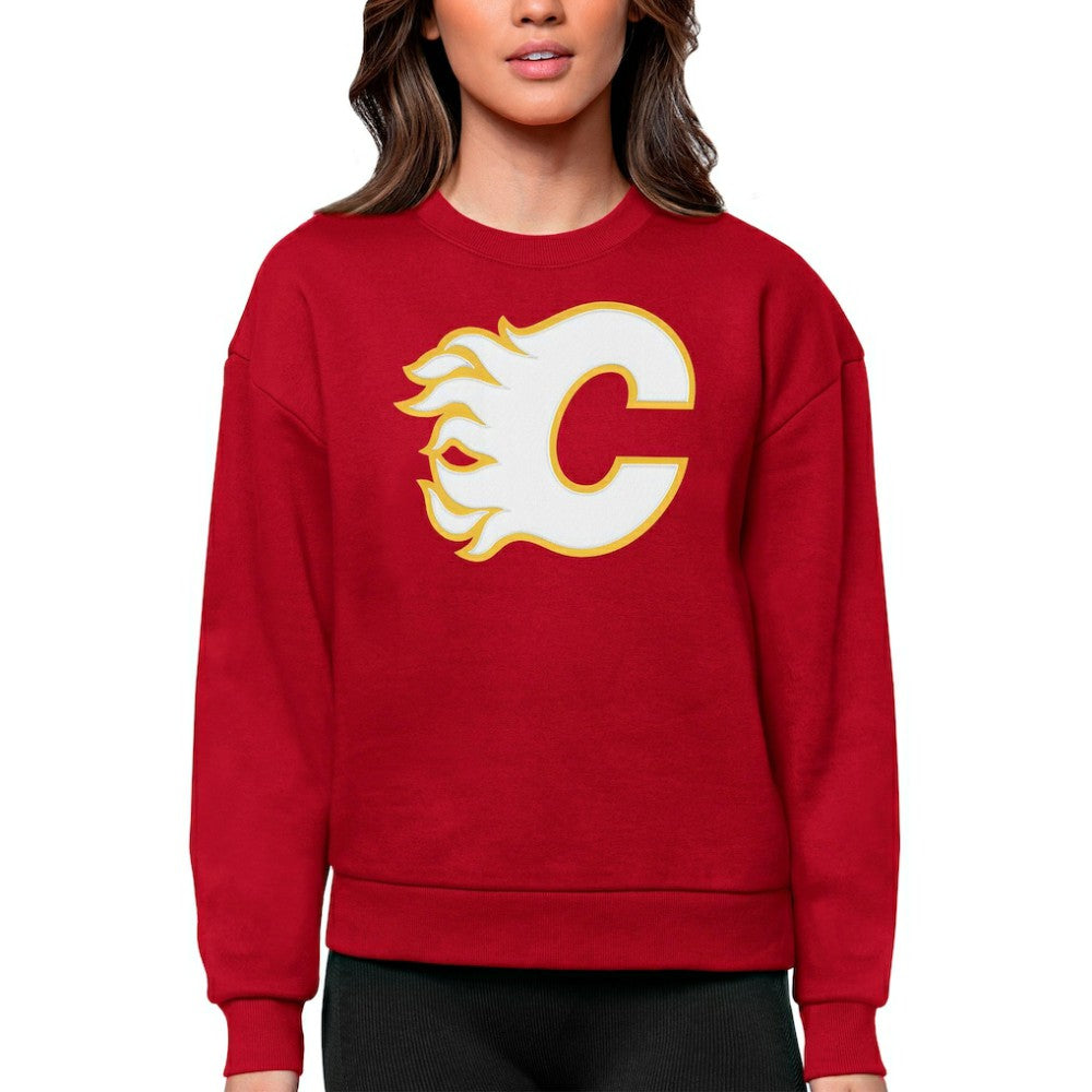 Calgary Flames Antigua Women's Team Logo Victory Crewneck Pullover Sweatshirt On Sale