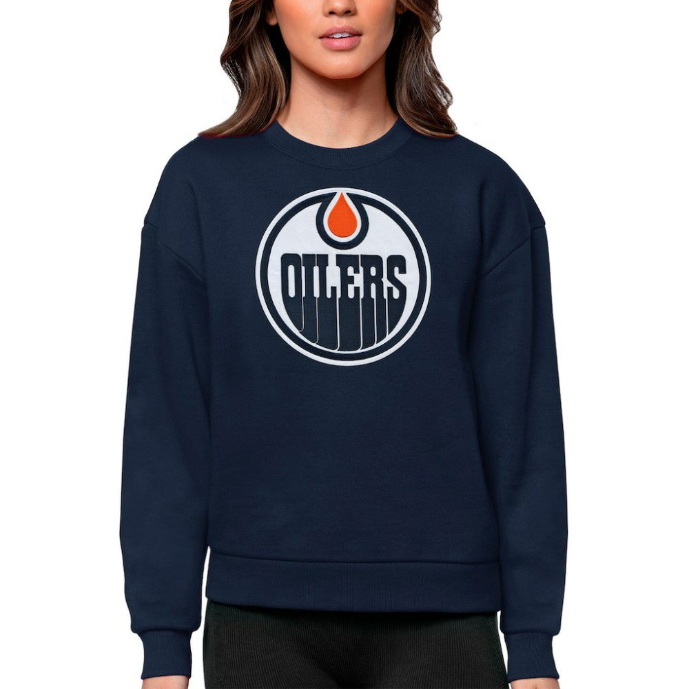 Edmonton Oilers Antigua Women's Team Logo Victory Crewneck Pullover Sweatshirt On Sale