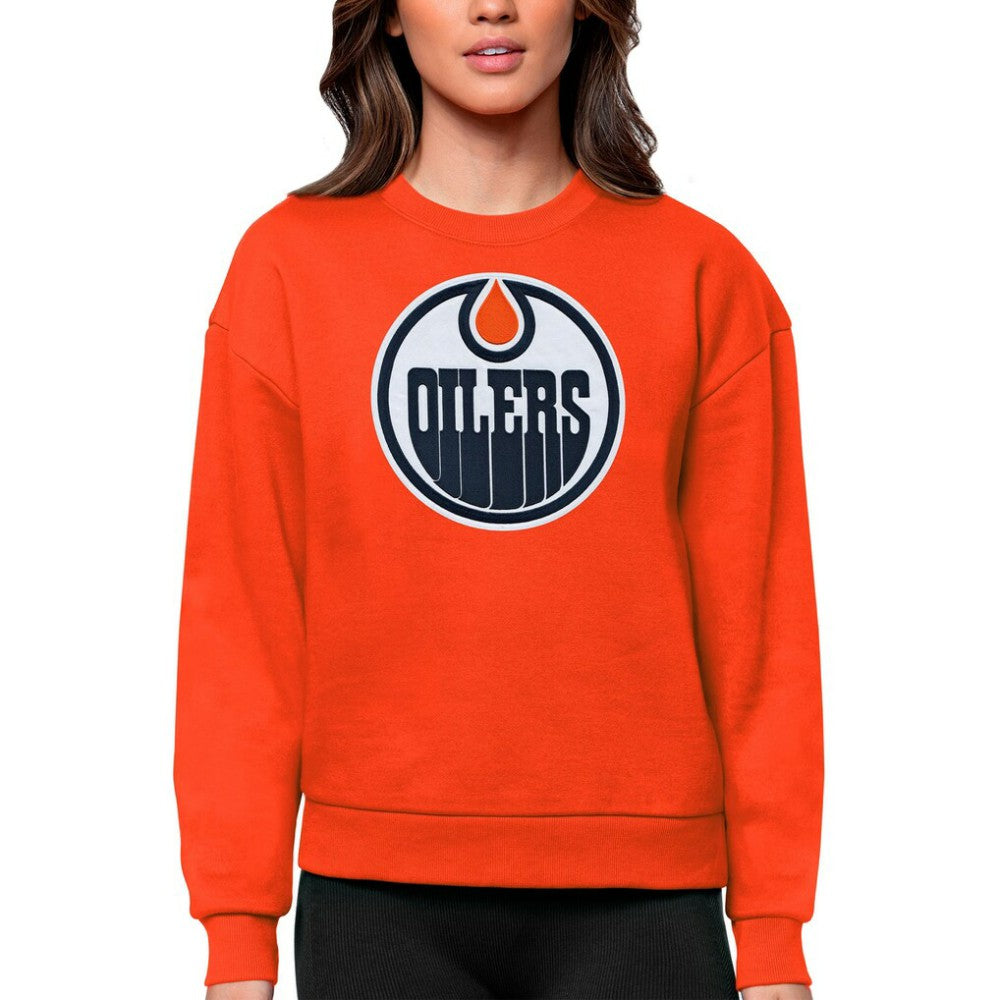 Edmonton Oilers Antigua Women's Team Logo Victory Crewneck Pullover Sweatshirt On Sale