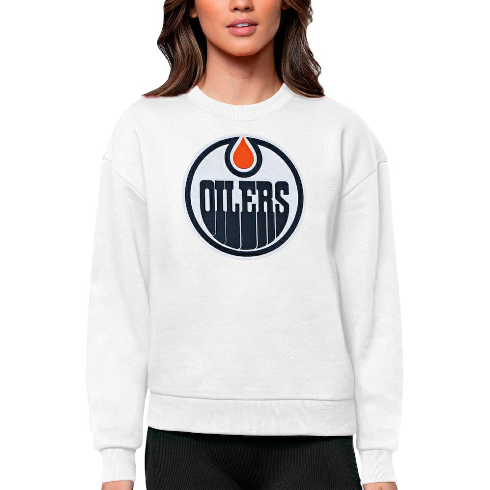 Edmonton Oilers Antigua Women's Team Logo Victory Crewneck Pullover Sweatshirt Online