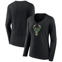Milwaukee Bucks Women's Logo Long Sleeve V-Neck T-Shirt On Sale