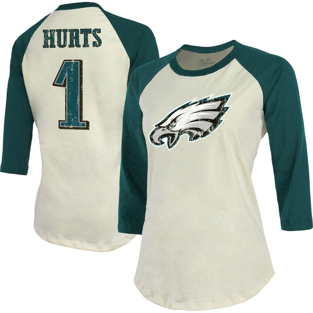 Philadelphia Eagles  Jalen Hurts  Majestic Threads Women's Player Raglan Name & Number Fitted 3/4-Sleeve T-Shirt