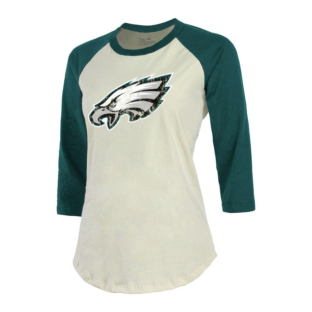 Philadelphia Eagles  Jalen Hurts  Majestic Threads Women's Player Raglan Name & Number Fitted 3/4-Sleeve T-Shirt