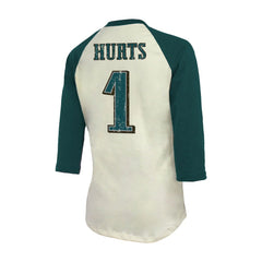 Philadelphia Eagles  Jalen Hurts  Majestic Threads Women's Player Raglan Name & Number Fitted 3/4-Sleeve T-Shirt