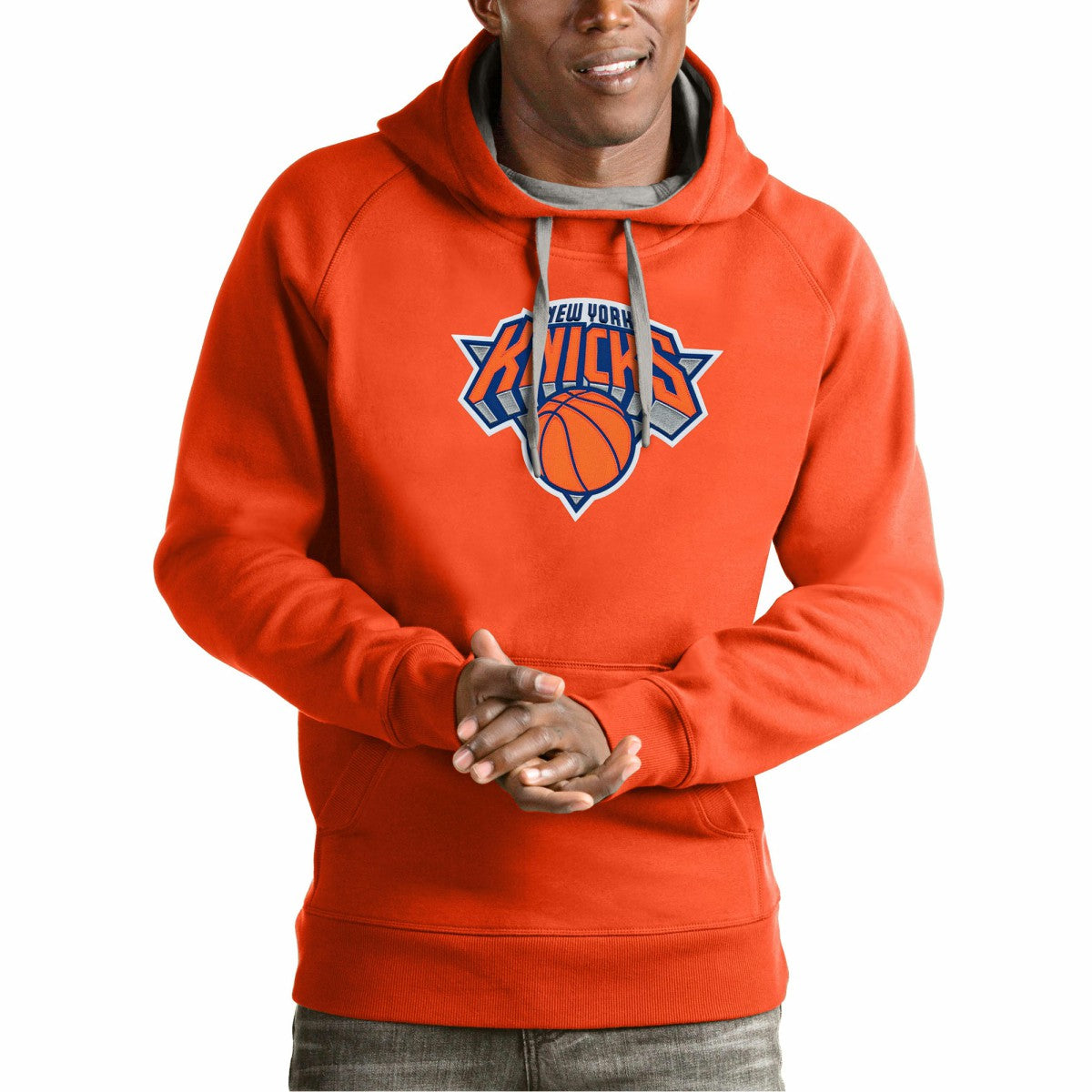New York Knicks Antigua Team Logo Victory Pullover Hoodie For Sale