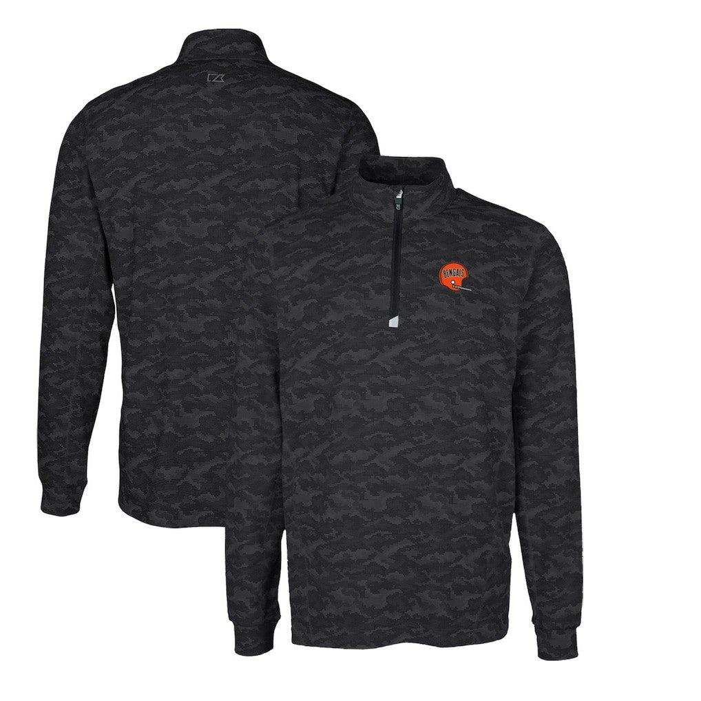 Cincinnati Bengals  Cutter & Buck Throwback Logo Traverse Camo Print Stretch Quarter-Zip Pullover Top