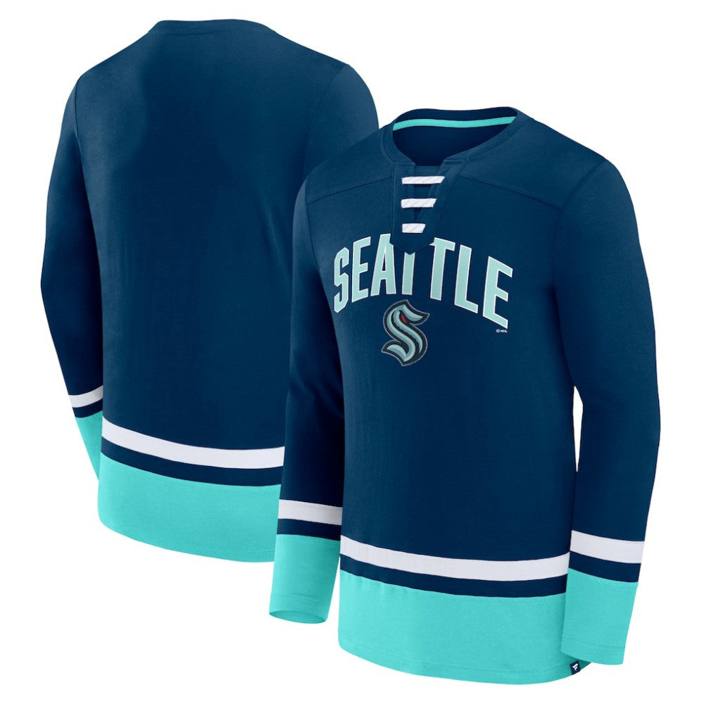 Seattle Kraken Fanatics Back Pass Lace-Up Long Sleeve T-Shirt Outlet