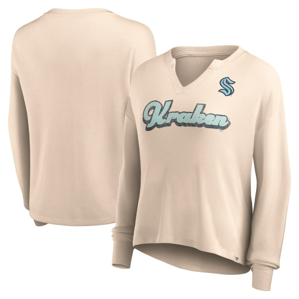 Seattle Kraken Fanatics Women's Go For It Notch Neck Waffle Knit Long Sleeve T-Shirt For Sale