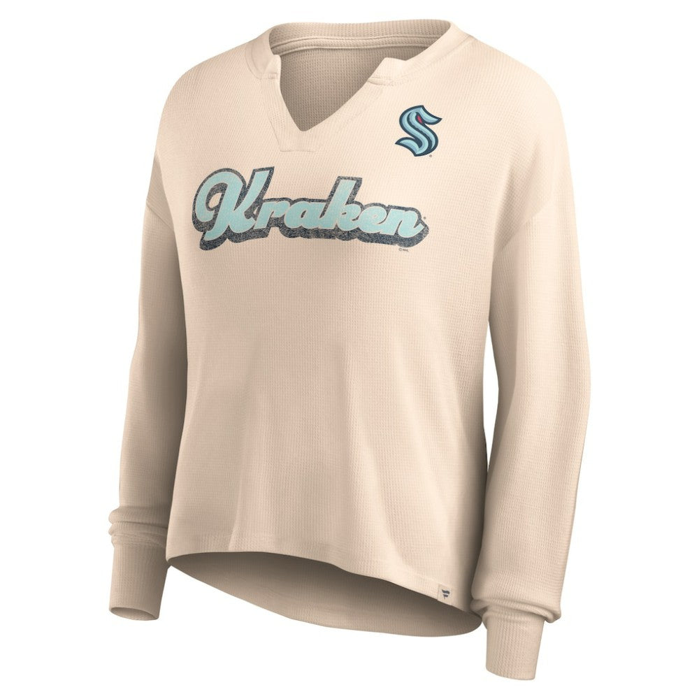 Seattle Kraken Fanatics Women's Go For It Notch Neck Waffle Knit Long Sleeve T-Shirt For Sale
