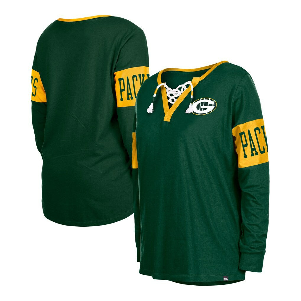 Green Bay Packers New Era Women's Lace-Up Notch Neck Long Sleeve T-Shirt