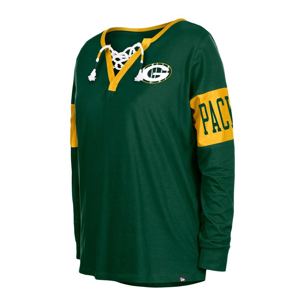 Green Bay Packers New Era Women's Lace-Up Notch Neck Long Sleeve T-Shirt