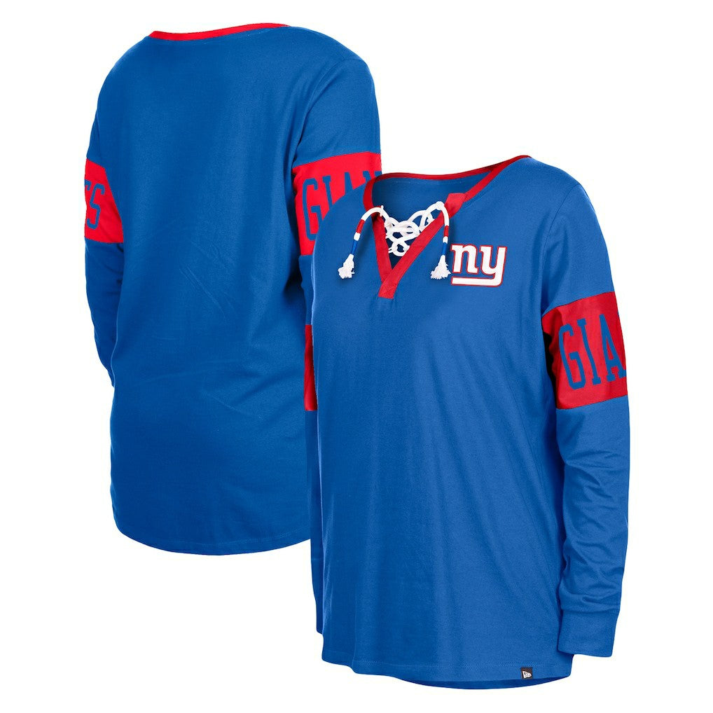 New York Giants New Era Women's Lace-Up Notch Neck Long Sleeve T-Shirt