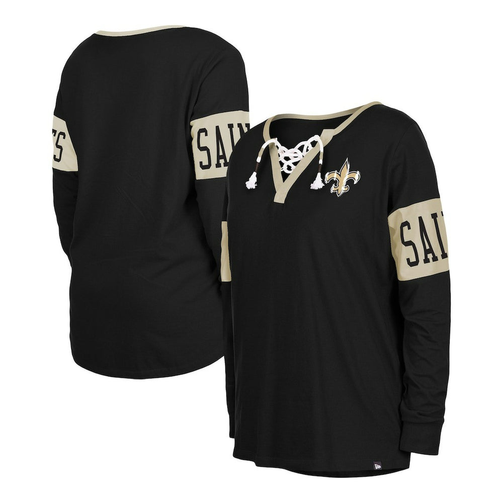 New Orleans Saints New Era Women's Lace-Up Notch Neck Long Sleeve T-Shirt
