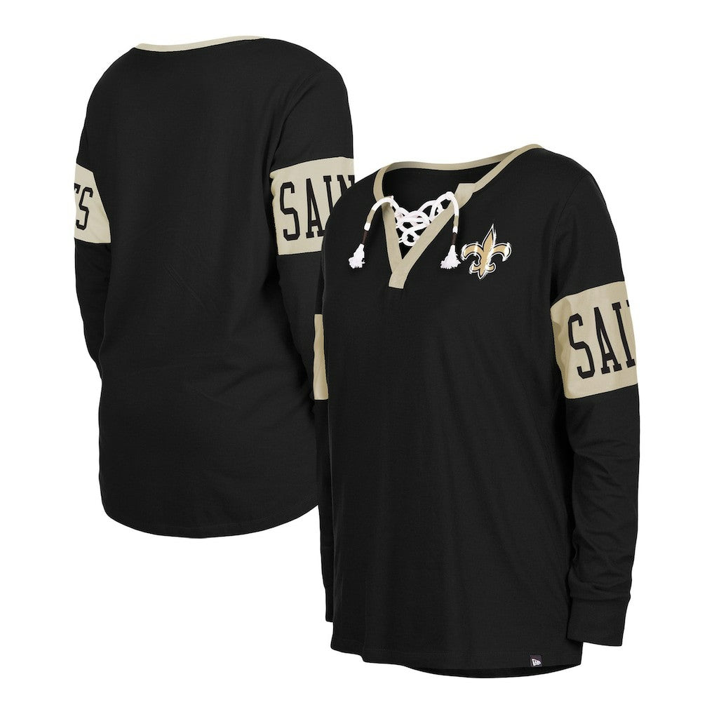 New Orleans Saints New Era Women's Lace-Up Notch Neck Long Sleeve T-Shirt