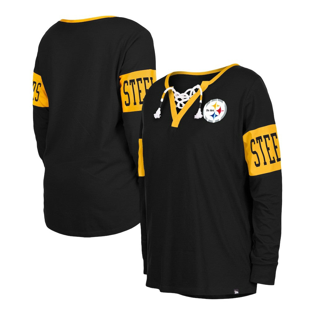 Pittsburgh Steelers New Era Women's Lace-Up Notch Neck Long Sleeve T-Shirt