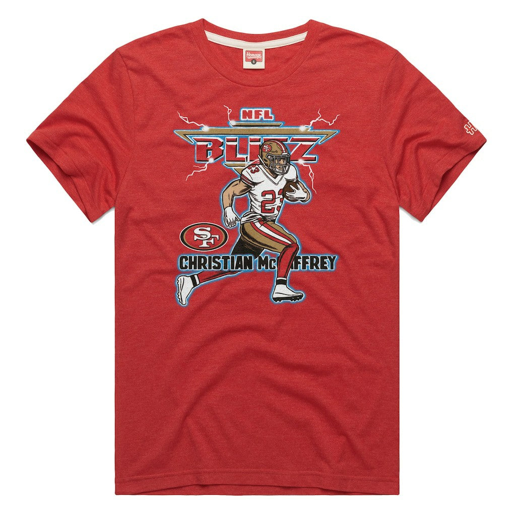 San Francisco 49ers  Christian McCaffrey  Homage Unisex NFL Blitz Player Tri-Blend T-Shirt