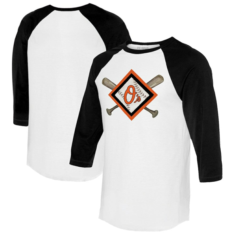 Baltimore Orioles Tiny Turnip Women's Diamond Cross Bats 3/4-Sleeve Raglan T-Shirt | MLB New