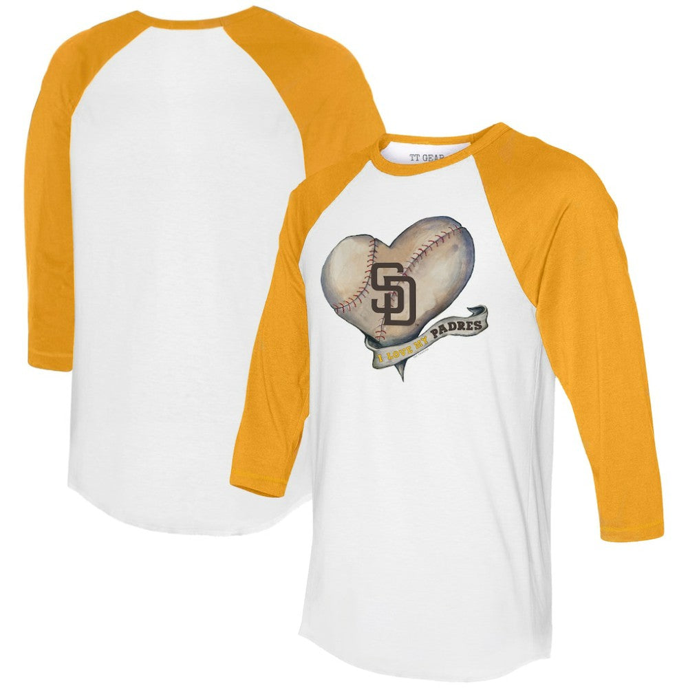 San Diego Padres Tiny Turnip Women's Heart Banner 3/4-Sleeve Raglan T-Shirt | MLB Outlet