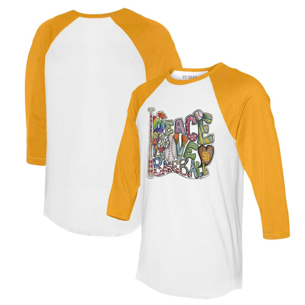 San Diego Padres Tiny Turnip Women's Peace Love Baseball 3/4-Sleeve Raglan T-Shirt | MLB Sale