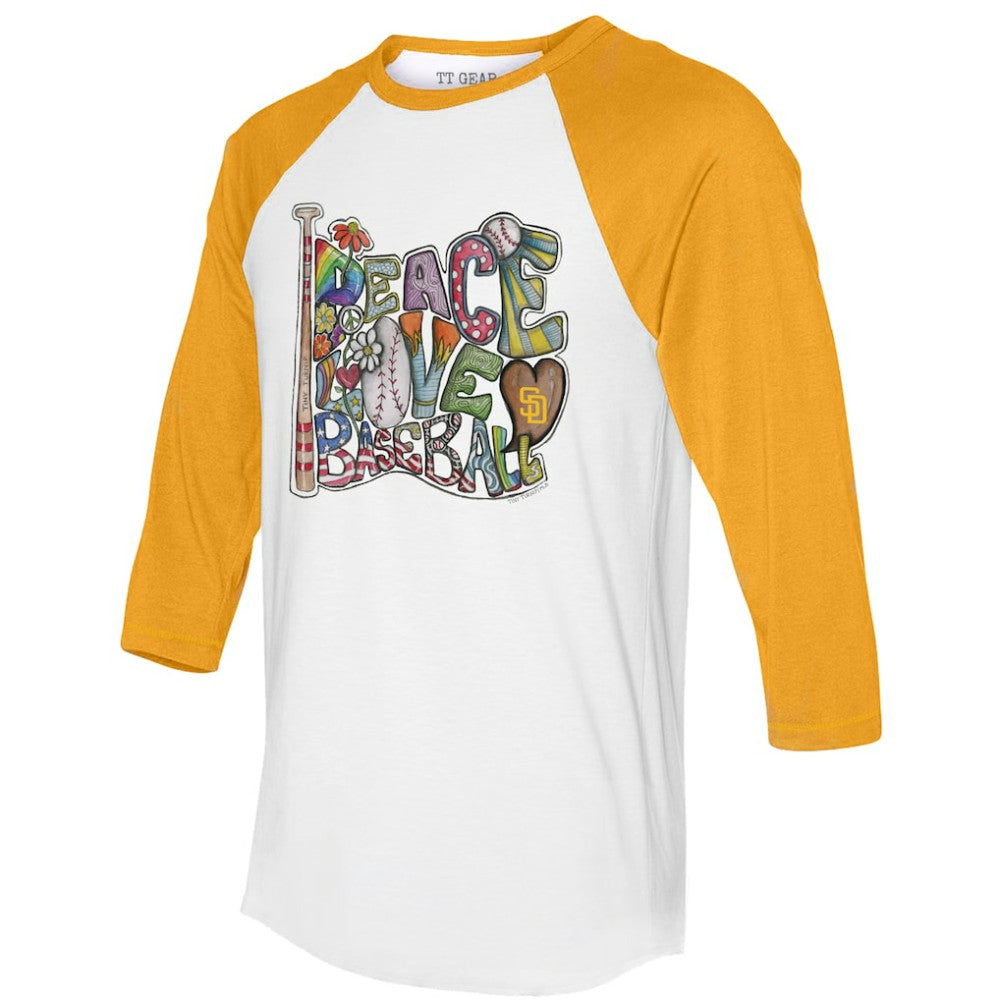 San Diego Padres Tiny Turnip Women's Peace Love Baseball 3/4-Sleeve Raglan T-Shirt | MLB Sale
