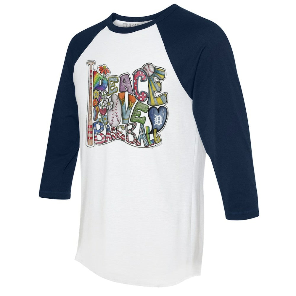 Detroit Tigers Tiny Turnip Women's Peace Love Baseball 3/4-Sleeve Raglan T-Shirt | MLB New