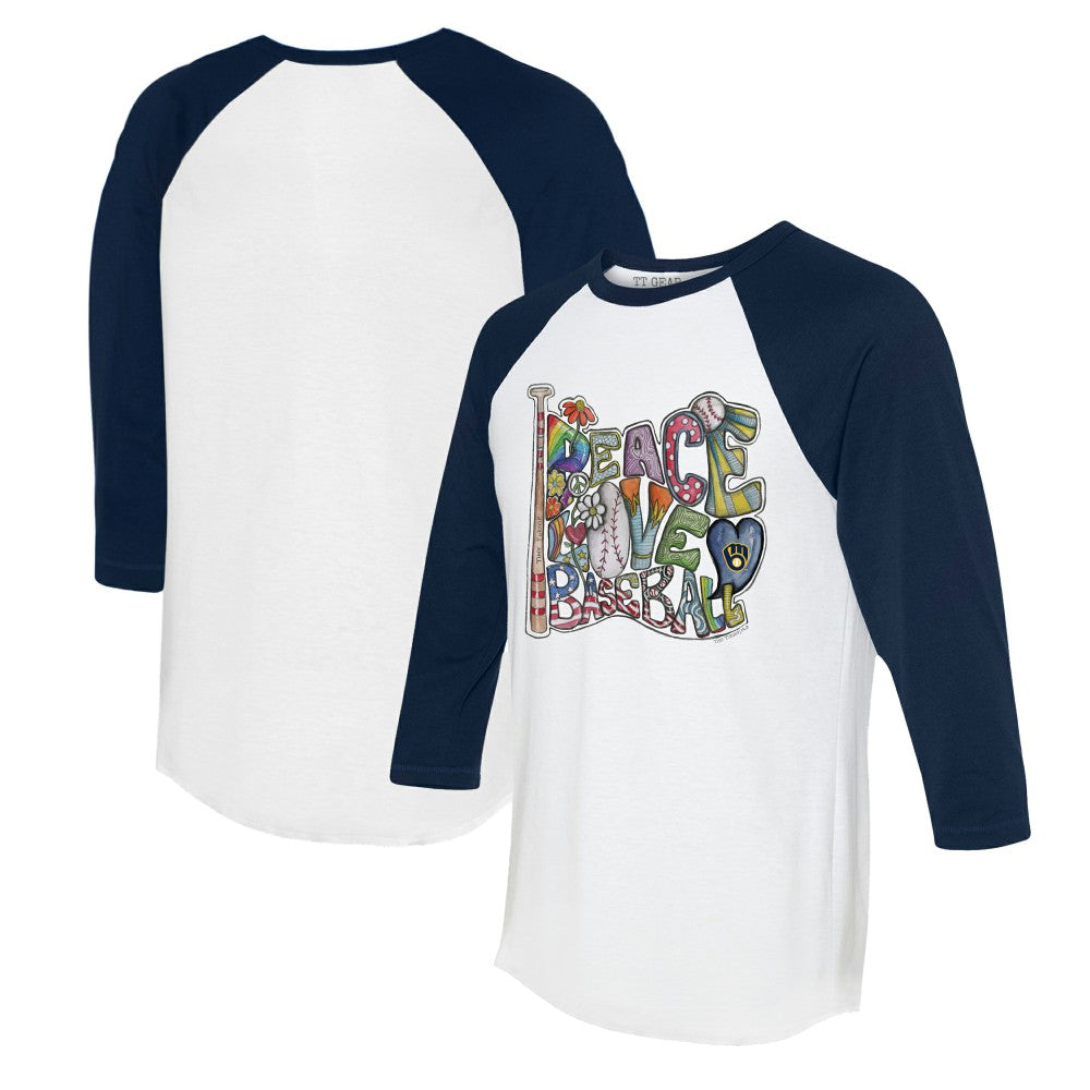 Milwaukee Brewers Tiny Turnip Women's Peace Love Baseball 3/4-Sleeve Raglan T-Shirt | MLB Sale