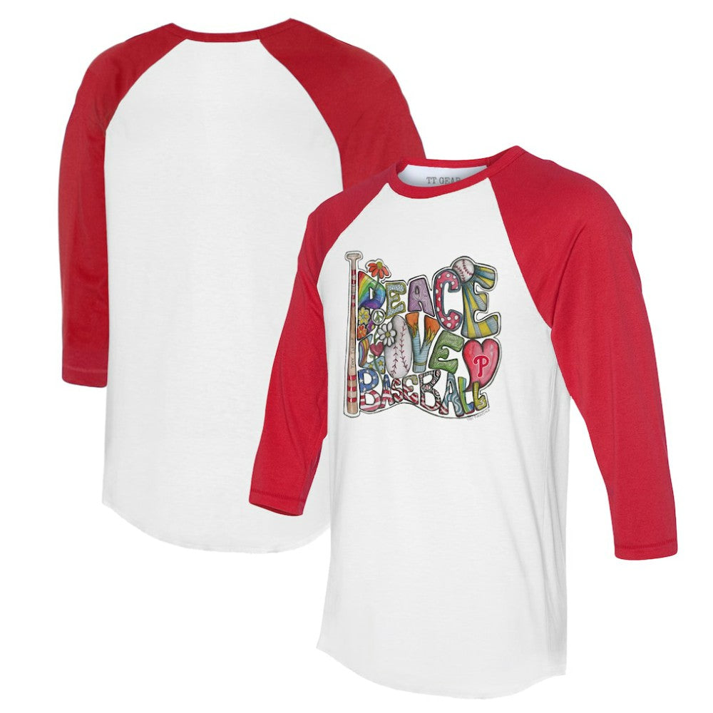 Philadelphia Phillies Tiny Turnip Women's Peace Love Baseball 3/4-Sleeve Raglan T-Shirt | MLB On Sale