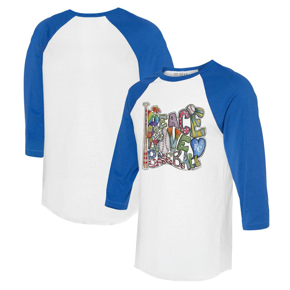 Kansas City Royals Tiny Turnip Women's Peace Love Baseball 3/4-Sleeve Raglan T-Shirt | MLB Discount