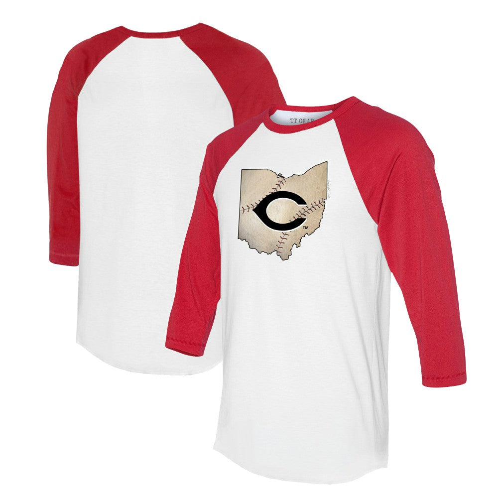 Cincinnati Reds Tiny Turnip Unisex State Outline 3/4-Sleeve Raglan T-Shirt | MLB On Sale