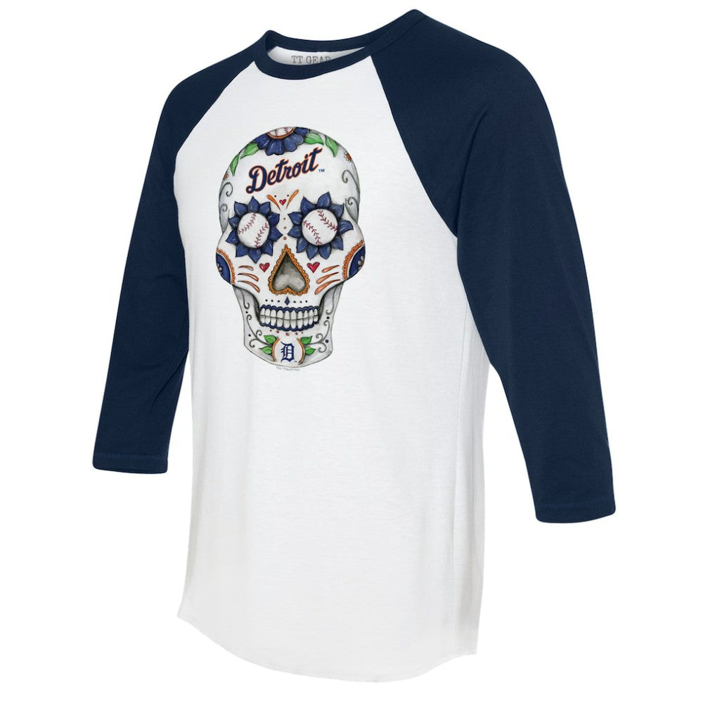 Detroit Tigers Tiny Turnip Unisex Sugar Skull 3/4-Sleeve Raglan T-Shirt | MLB Near me