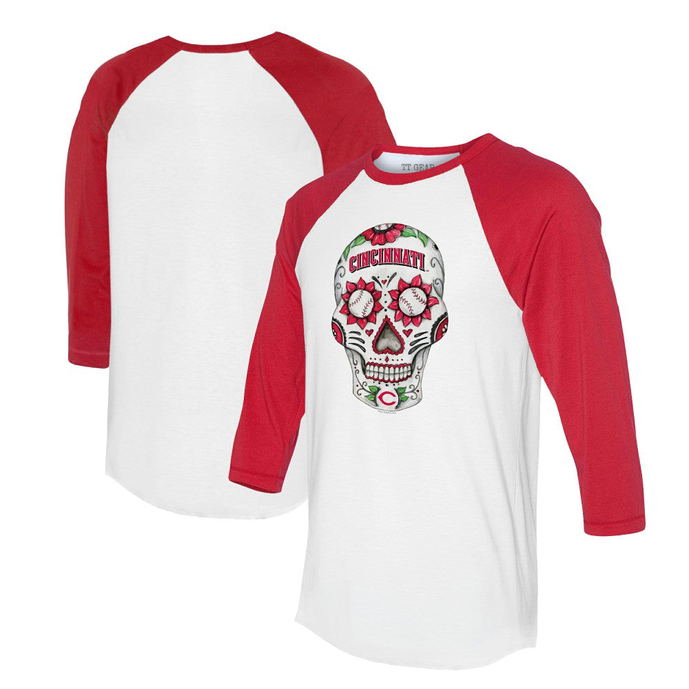 Cincinnati Reds Tiny Turnip Unisex Sugar Skull 3/4-Sleeve Raglan T-Shirt | MLB Sale
