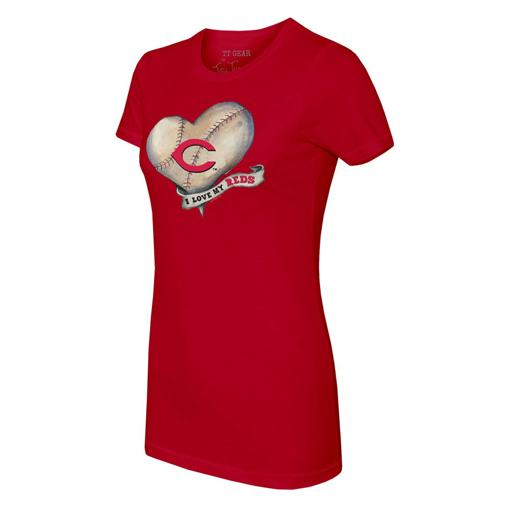 Cincinnati Reds Tiny Turnip Women's Heart Banner T-Shirt | MLB On Sale