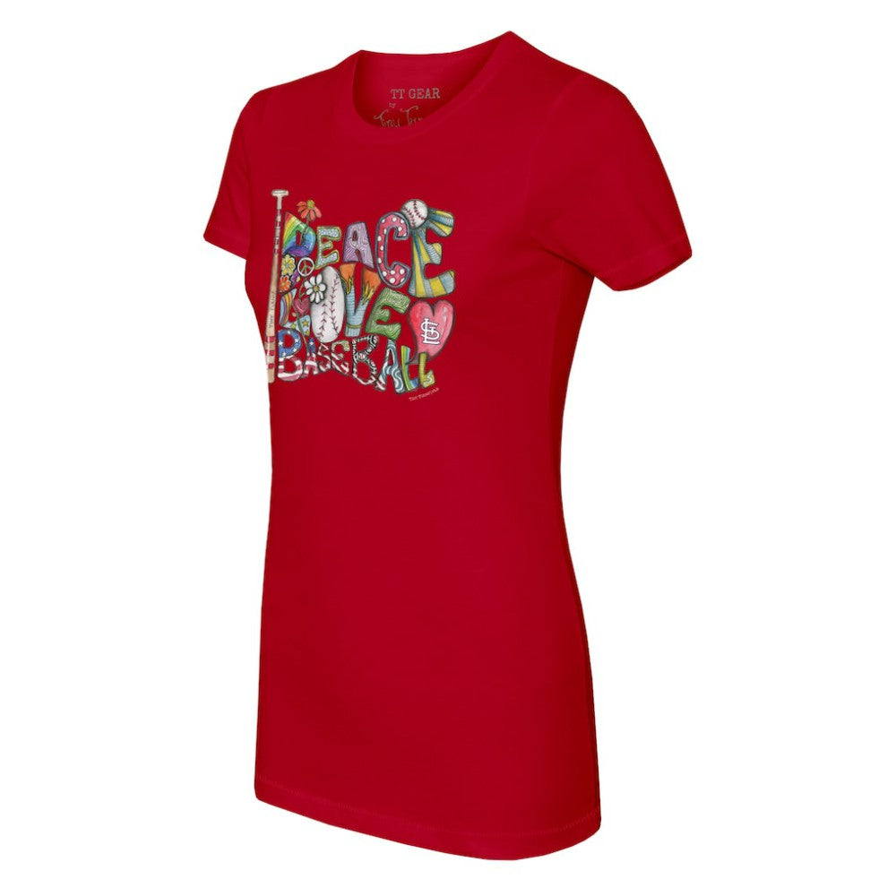 St. Louis Cardinals Tiny Turnip Women's Peace Love Baseball Fitted T-Shirt | MLB Outlet