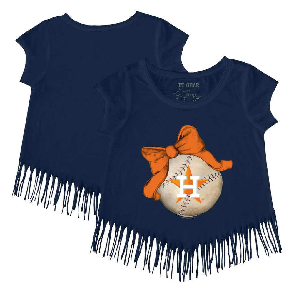 Houston Astros Tiny Turnip Girls Youth Baseball Bow Fringe T-Shirt | MLB On Sale