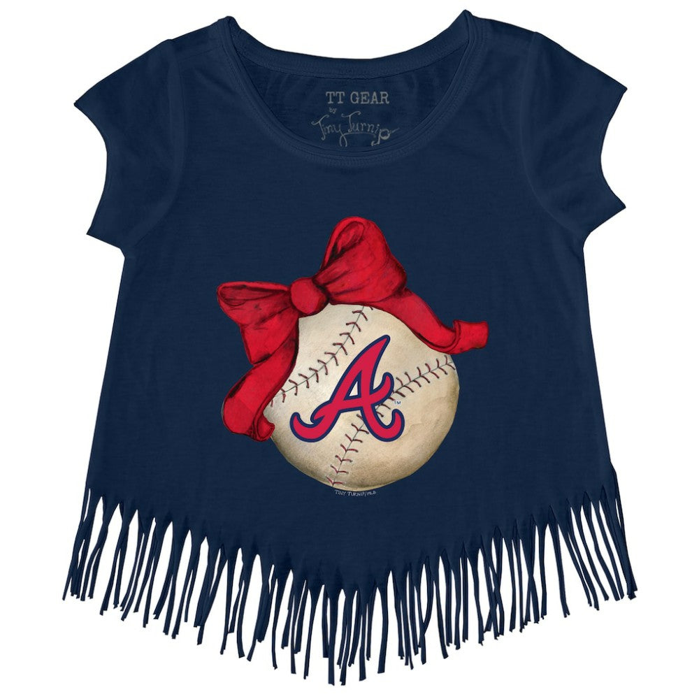 Atlanta Braves Tiny Turnip Girls Youth Baseball Bow Fringe T-Shirt | MLB For sale