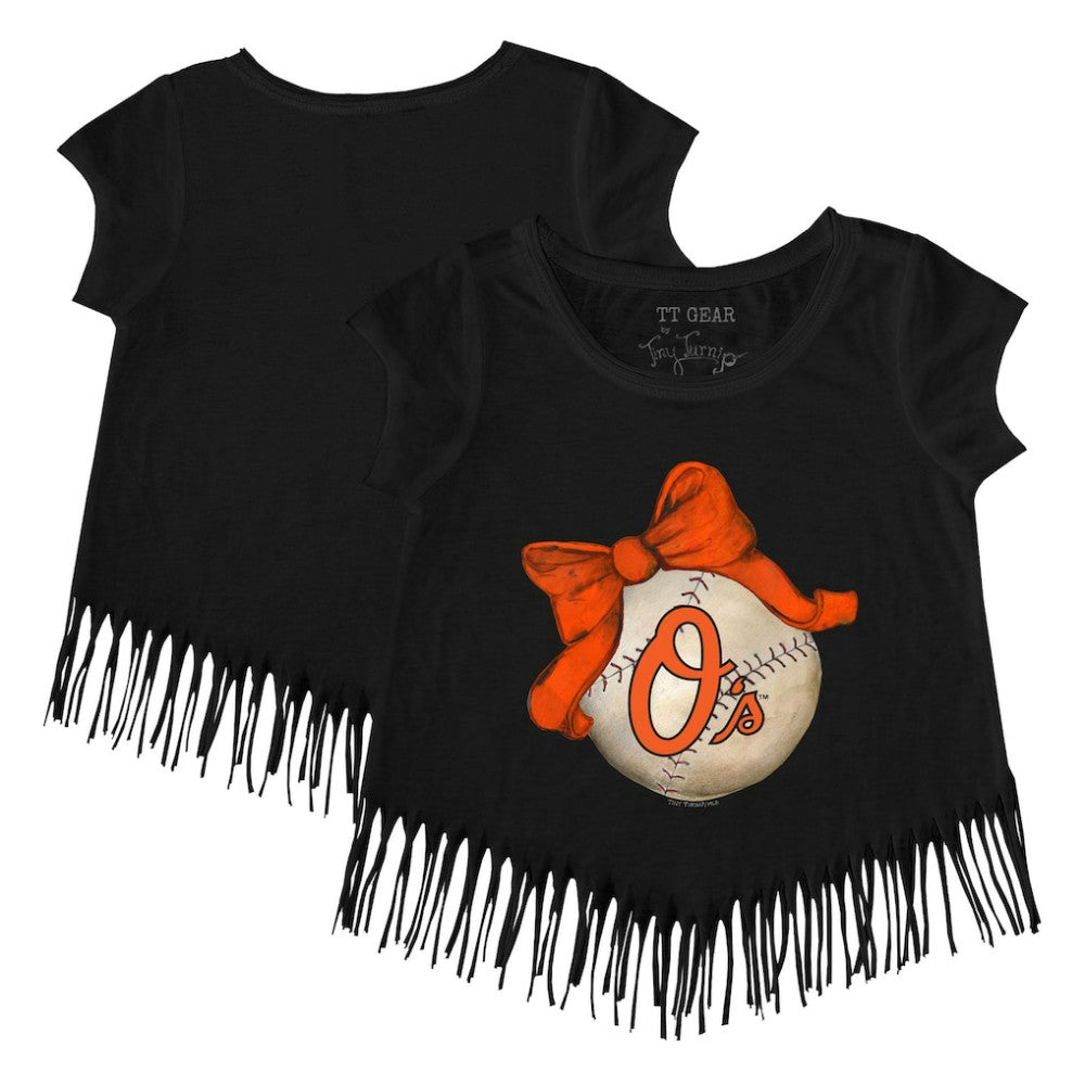 Baltimore Orioles Tiny Turnip Girls Youth Baseball Bow Fringe T-Shirt | MLB US