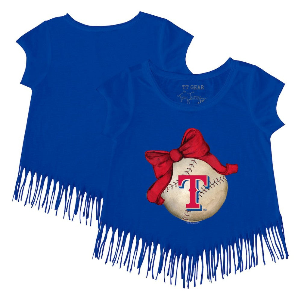 Texas Rangers Tiny Turnip Girls Youth Baseball Bow Fringe T-Shirt | MLB Sale