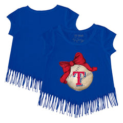 Texas Rangers Tiny Turnip Girls Youth Baseball Bow Fringe T-Shirt | MLB Sale