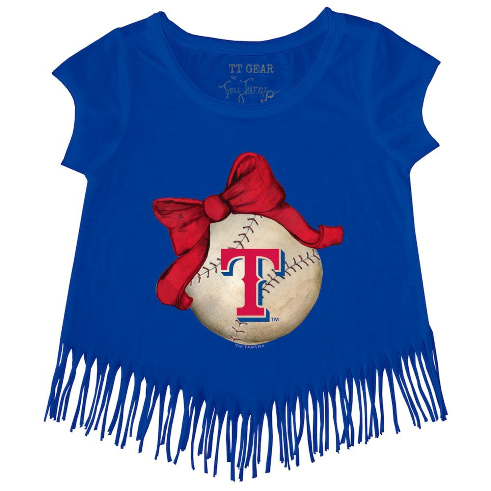 Texas Rangers Tiny Turnip Girls Youth Baseball Bow Fringe T-Shirt | MLB Sale