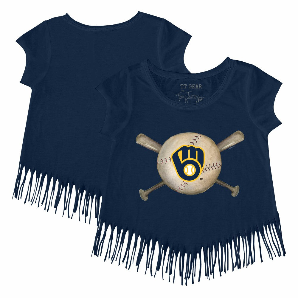 Milwaukee Brewers Tiny Turnip Girls Youth Baseball Cross Bats Fringe T-Shirt | MLB On Sale