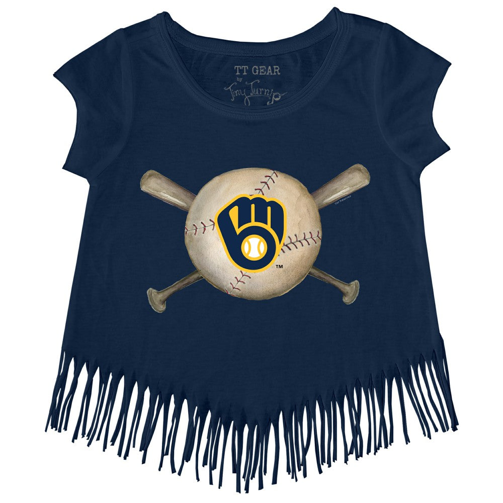 Milwaukee Brewers Tiny Turnip Girls Youth Baseball Cross Bats Fringe T-Shirt | MLB On Sale