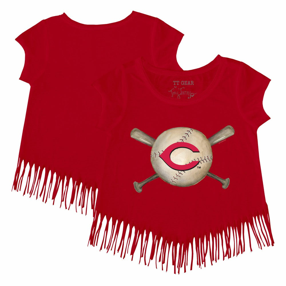 Cincinnati Reds Tiny Turnip Girls Youth Baseball Cross Bats Fringe T-Shirt | MLB Discount