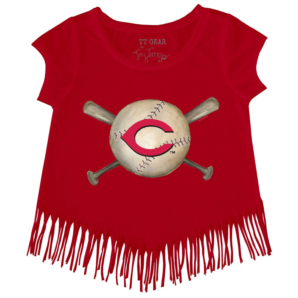 Cincinnati Reds Tiny Turnip Girls Youth Baseball Cross Bats Fringe T-Shirt | MLB Discount