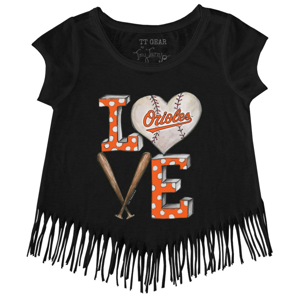 Baltimore Orioles Tiny Turnip Girls Youth Baseball Love Fringe T-Shirt | MLB Discount