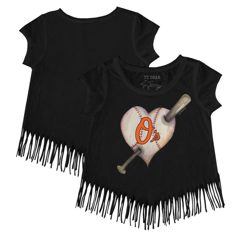 Baltimore Orioles Tiny Turnip Girls Youth Heart Bat Fringe T-Shirt | MLB On Sale