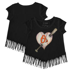 Baltimore Orioles Tiny Turnip Girls Youth Heart Bat Fringe T-Shirt | MLB On Sale